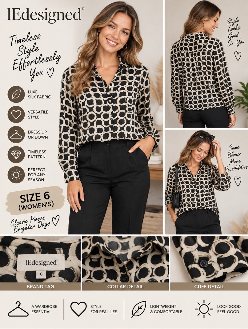 Ie women's size 6 silk circle pattern blouse #06